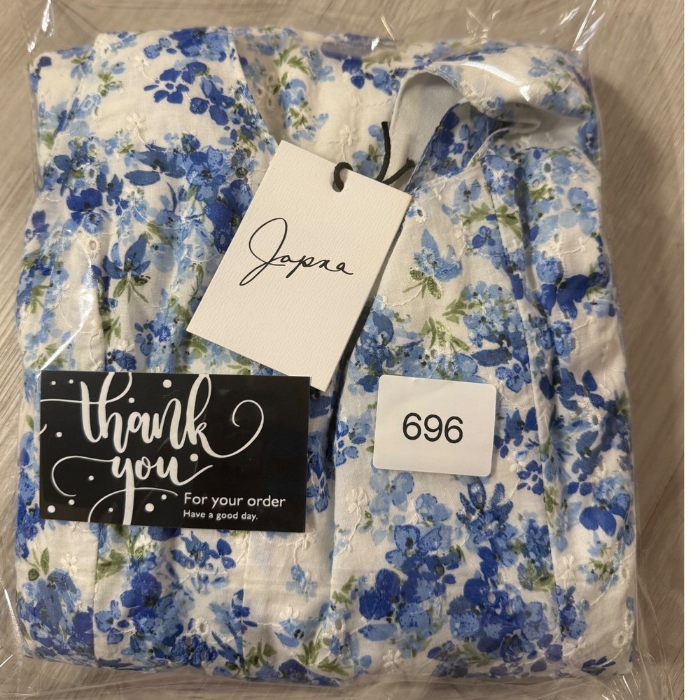 Japna Blue White Floral Eyelet Cotton Mini Dress Smocked Back NWT Size L - Picture 9 of 9